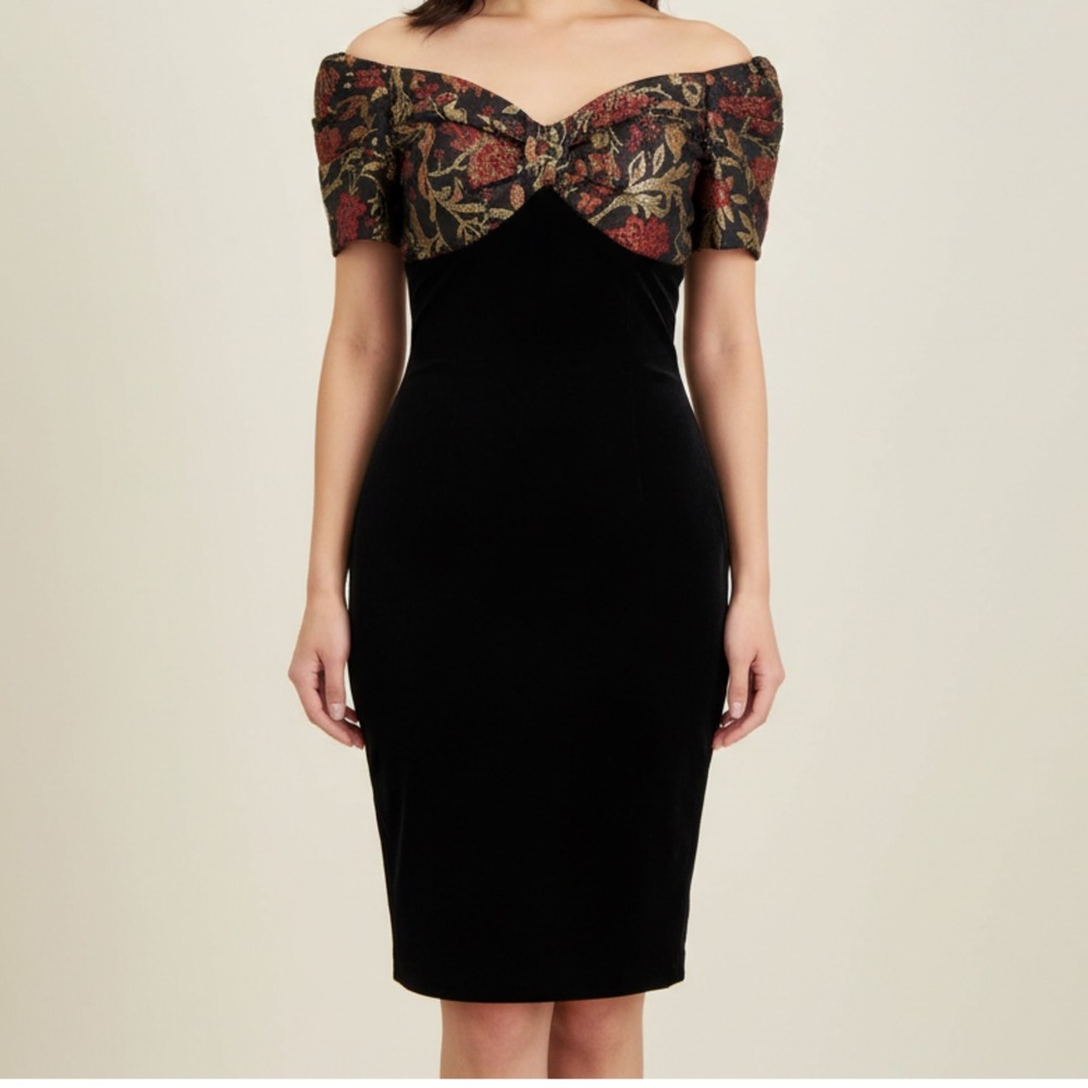 Scott McClintock Vintage 90's Black Velvet Cocktail Dress 6 Off Shoulder Jaquard